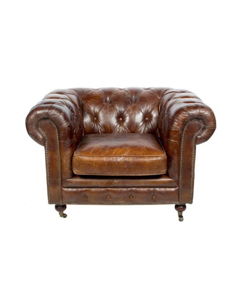 Fauteuil chesterfield FLEMING cuir marron vintage